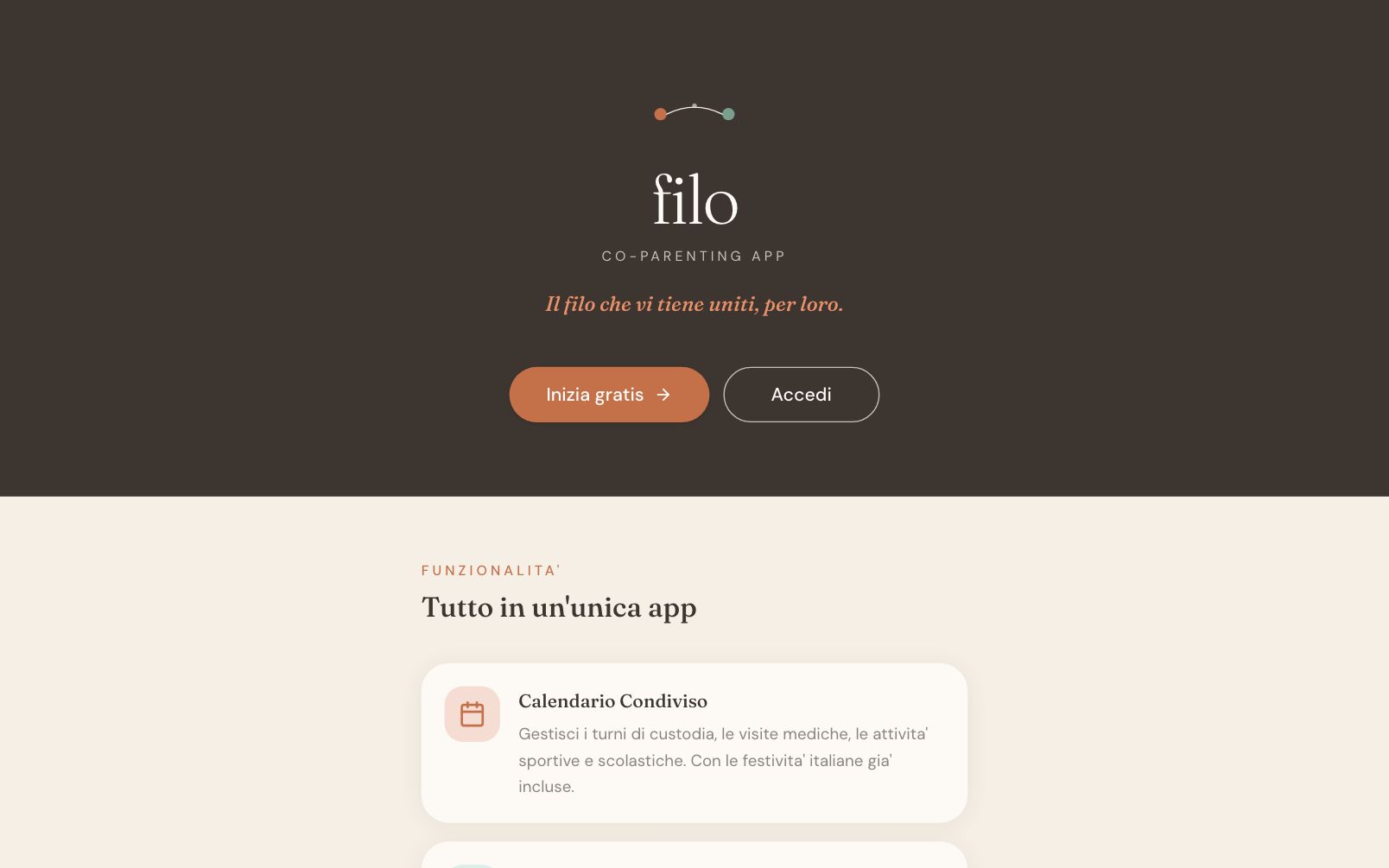 Landing page di Filo, app per genitori separati